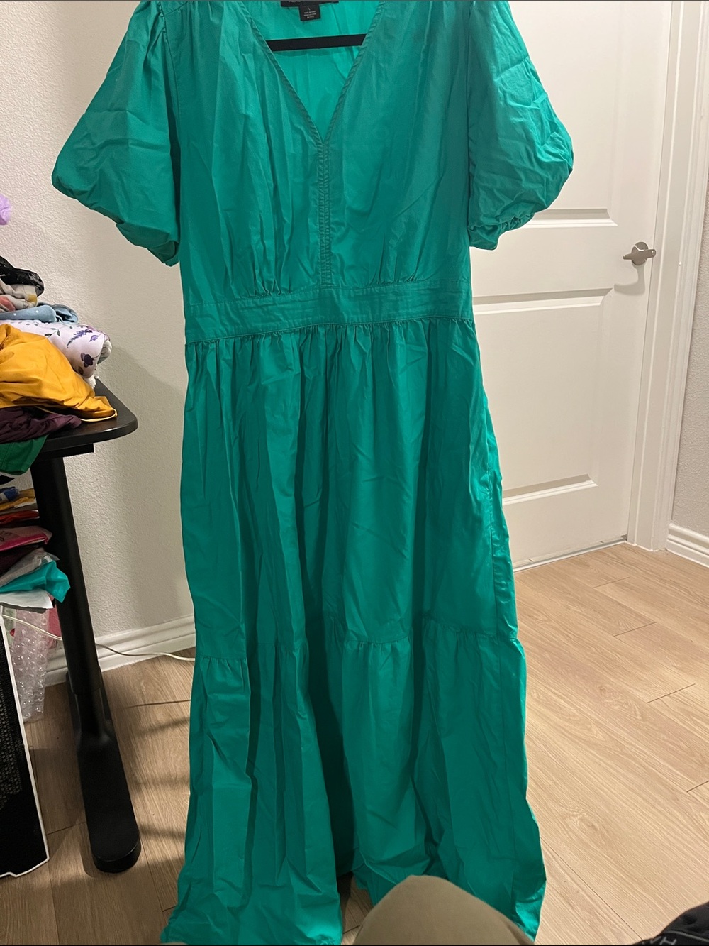 French Connection Teal V‑Neck Puff Sleeve Maxi Dress